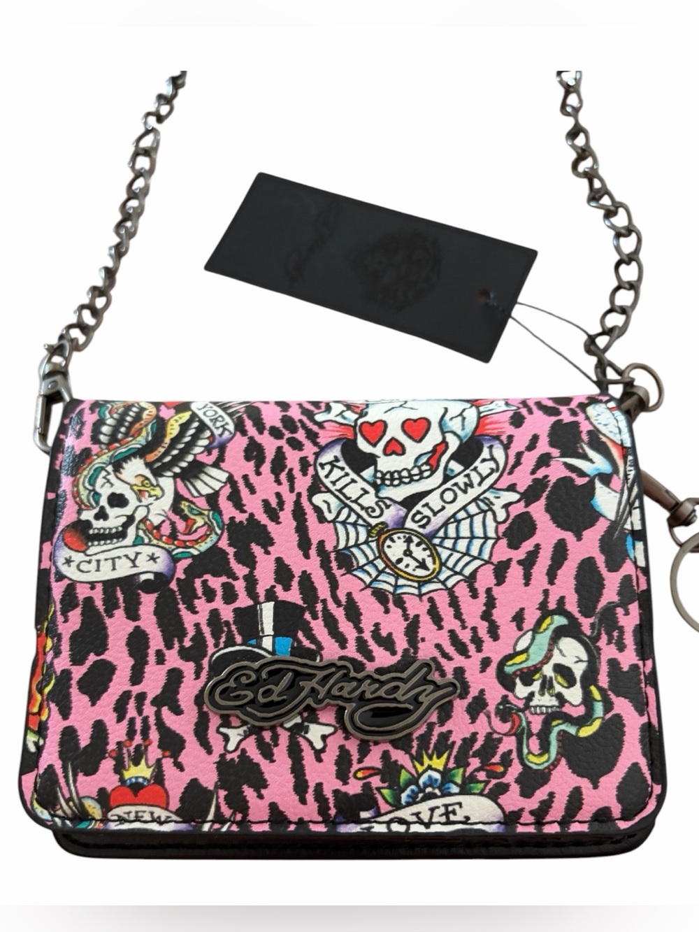 Ed Hardy Skull Design Black Mini Crossbody Bag wallet Card Holder keychain
